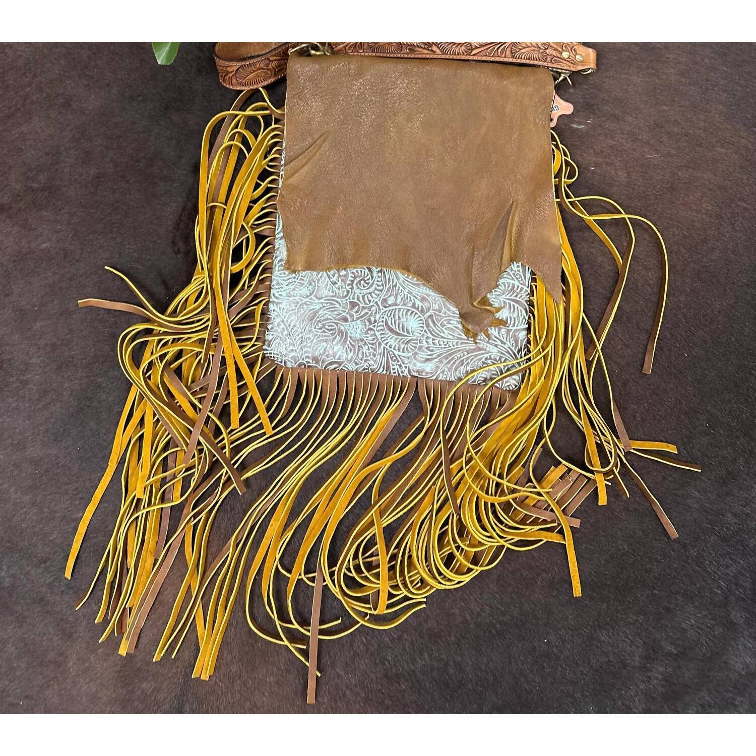 New American Darling Women's All Leather Tooled Fringe Purse Bag In Brown